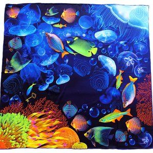 Pure silk square scarf blue wrap "Coral Reef" - tropical fish, jellyfish